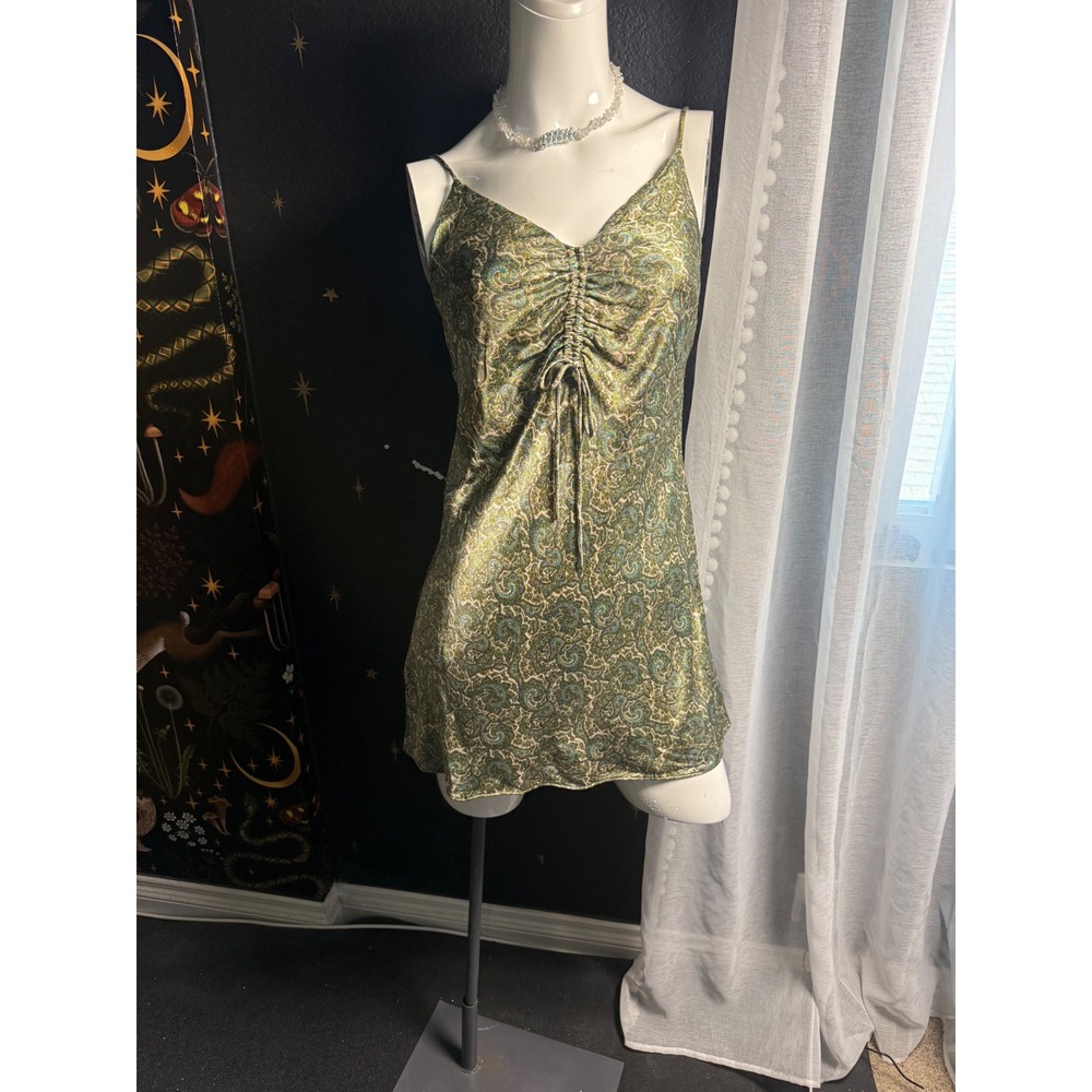 Zara Green Paisley Ruched Satin Mini Dress Sleeveless V-Neck L